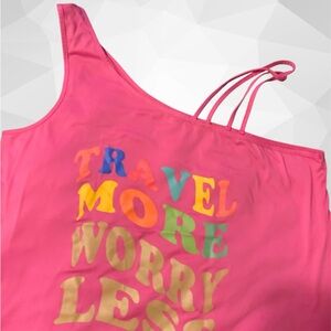 Pink One-Shoulder Night Shirt with Colorful Text